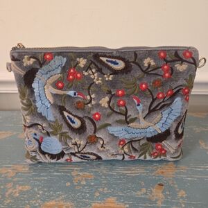 Floral/Exotic Bird Embroidered Velvet Crossbody Bag